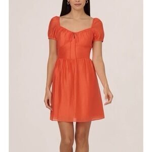 Adrianna Pappel Orange Fit Flare Dress Puff Sleeves 10 Milkmaid Coquette Linen
